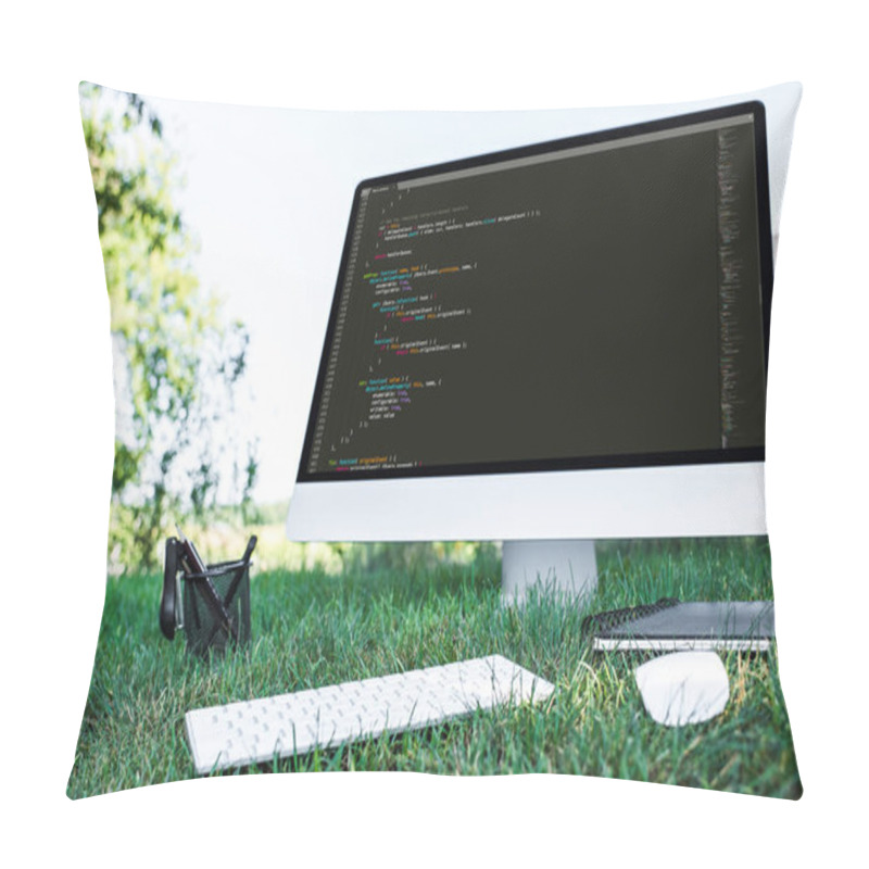 Personality  Selective Focus Of Computer With Programming Language Code On Grass Outdoors Pillow Covers