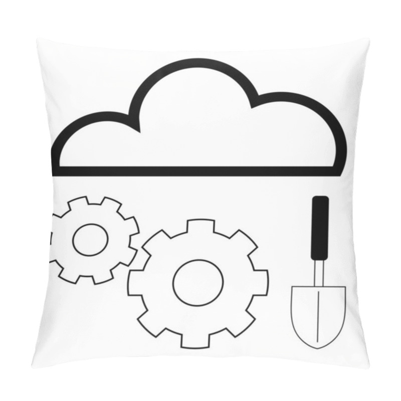 Personality  Cloud With Two Gears And A Trowel Representing Cloud Computing Maintenance, Collaboration, And Security. Ideal For IT Solutions, Cloud Services, Data Management, Software Development, System Updates Pillow Covers