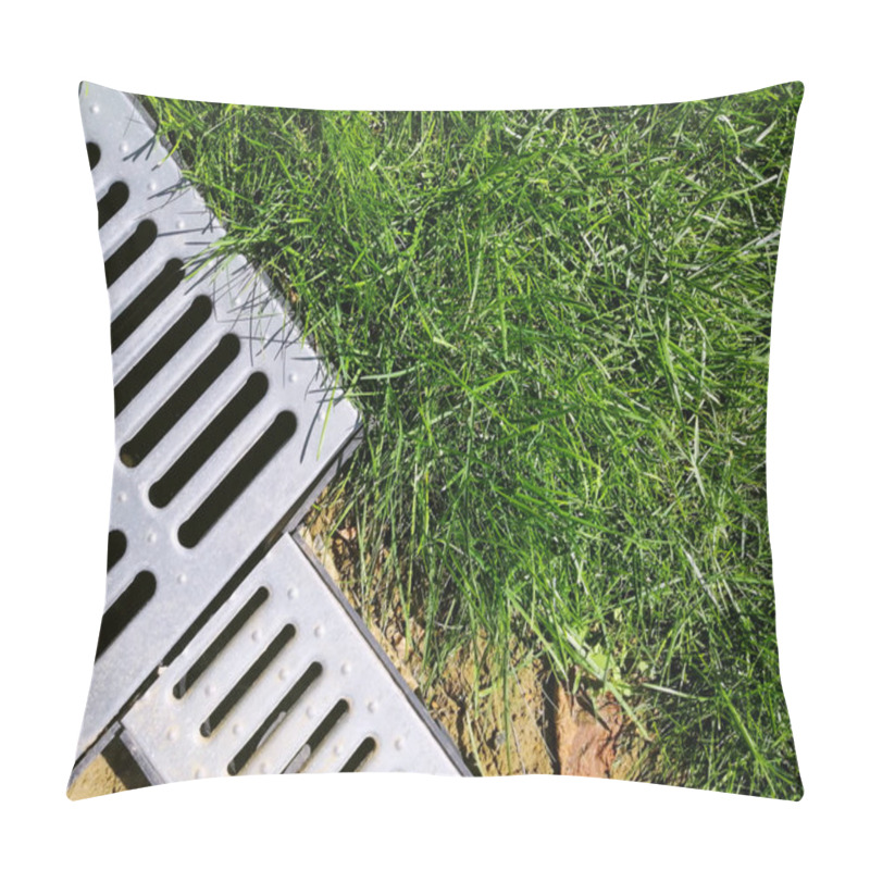 Personality  Drainage Systems. Idea - Building A House, Storm Taps. Metal Construction From The Roof - Sewer And Grate On The Ground For Draining Water Closeup. Sunny Day, Green Grass Pillow Covers