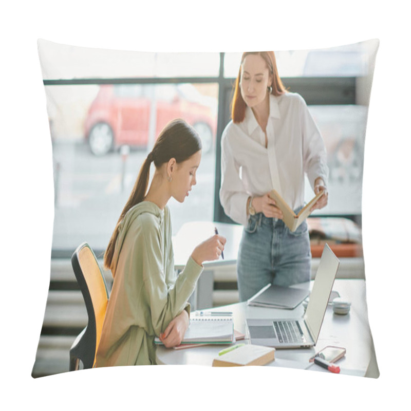 Personality  A Redhead Tutor Is Guiding A Teenage Girl In An Office Setting, Utilizing A Laptop For Modern Education. Pillow Covers