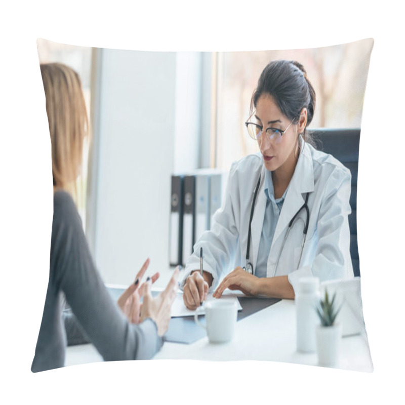 Personality  Shot Of Beautiful Cheerful Female Doctor Talking While Explaining Medical Treatment To Patient In The Consultation. Pillow Covers