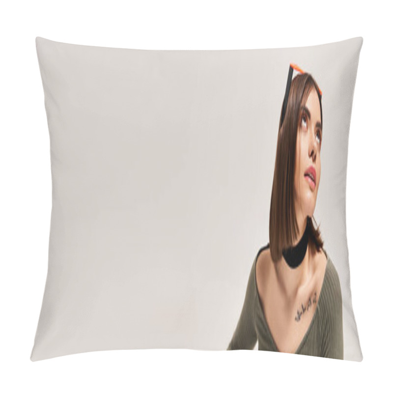 Personality  Brunette Woman In Green Shirt Posing In A Studio Setting, Showcasing Grace And Beauty. Pillow Covers