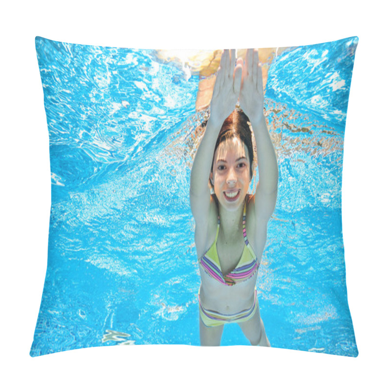 Personality  Child Swims In Pool Underwater, Happy Active Girl In Goggles Has Fun Under Water, Kid Sport On Family Vacation Pillow Covers