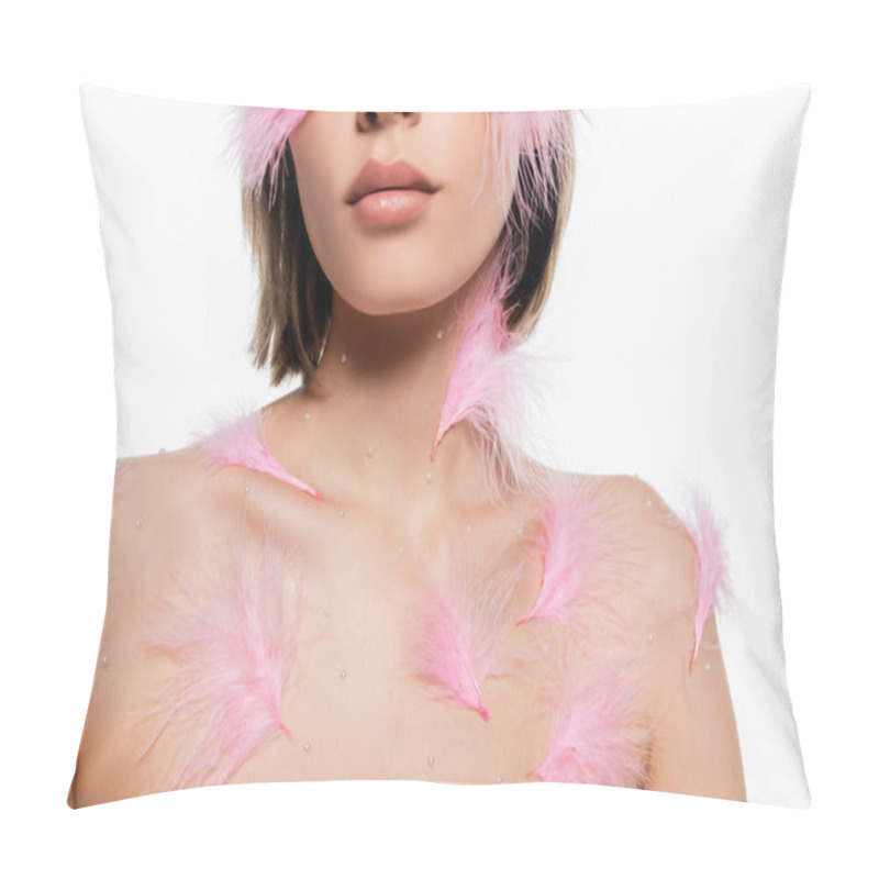 Personality  Cropped View Of Young Woman With Decorative Elements And Pink Feathers On Face And Body Isolated On White Pillow Covers