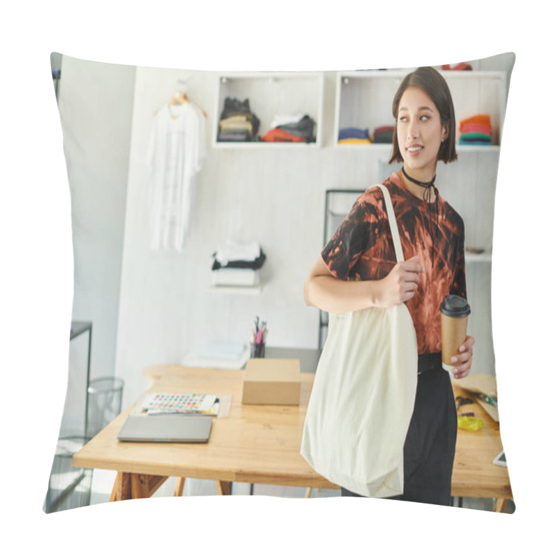 Personality  Pleased Asian Designer With Canvas Shopping Bag And Paper Cup Looking Away In Print Studio Pillow Covers