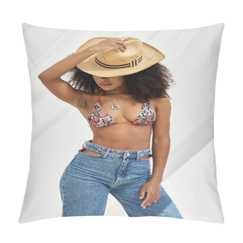 Personality  A Young Woman Elegantly Poses In Trendy Swimwear And High Waisted Jeans Under Soft Lighting. Pillow Covers