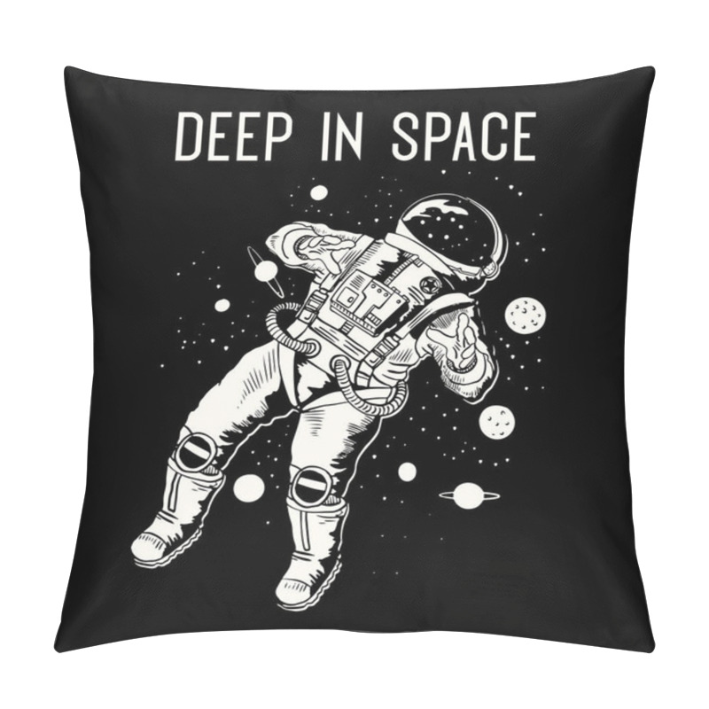 Personality  Astronaut Exploring Outer Space. Cosmonaut In Spacesuit Performing Extravehicular Activity Or Spacewalk Against Stars And Planets In Background. Human Spaceflight. Pillow Covers