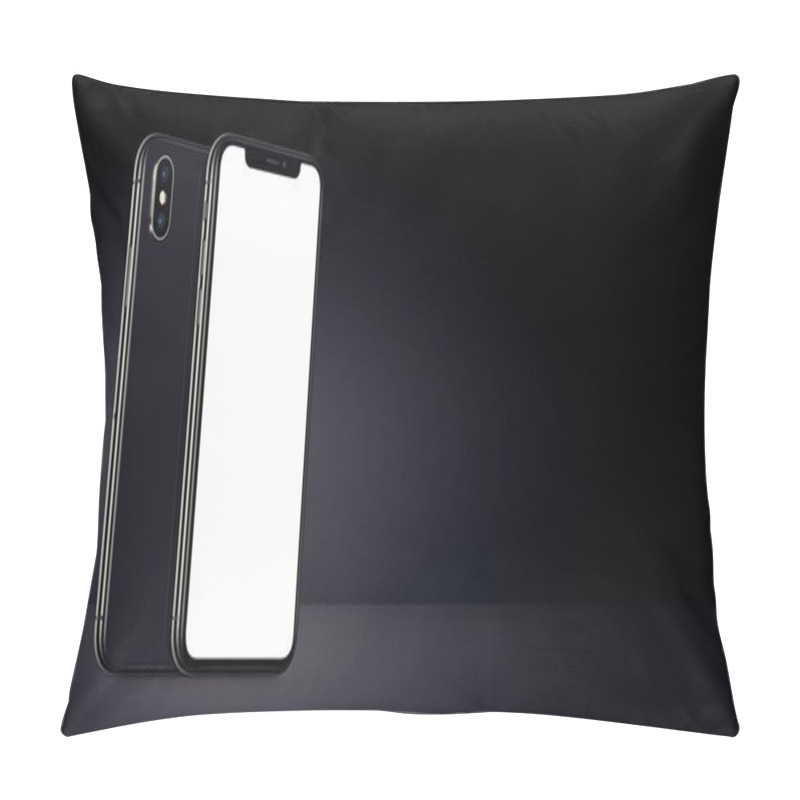 Personality  Black Rotated Smartphones Similar To IPhone X Mockup Front And Back Sides On Black Background Banner With Copy Space Pillow Covers