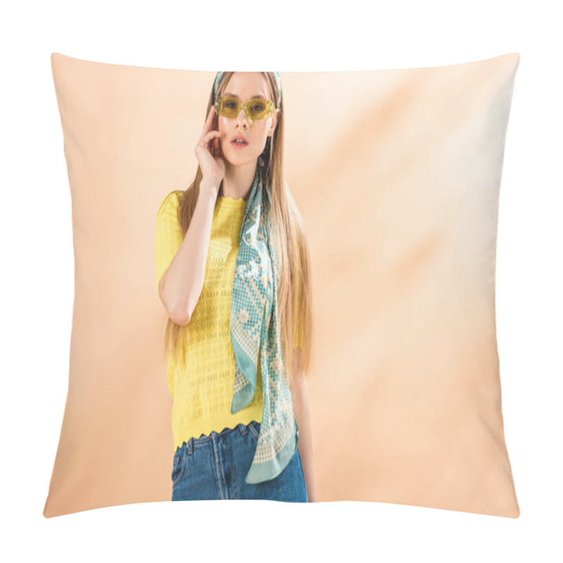 Personality  Beautiful Girl Posing In Jeans, Yellow T-shirt, Sunglasses And Silk Scarf On Beige Pillow Covers