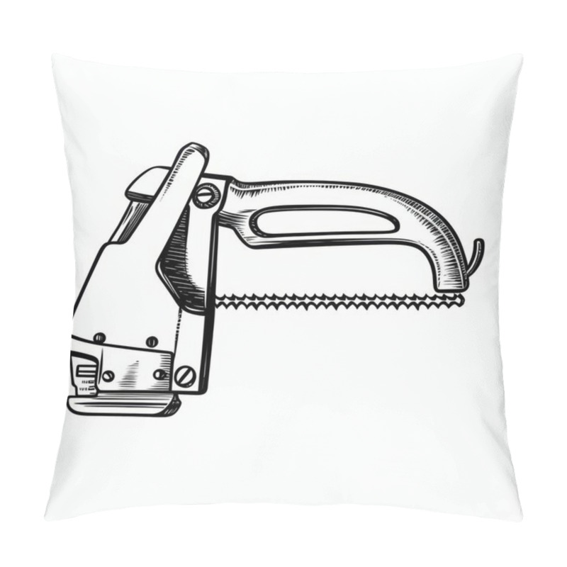 Personality  A Detailed Engraving Of A Hand Saw, Showcasing Its Intricate Handle And Sharp Blade Design. Pillow Covers