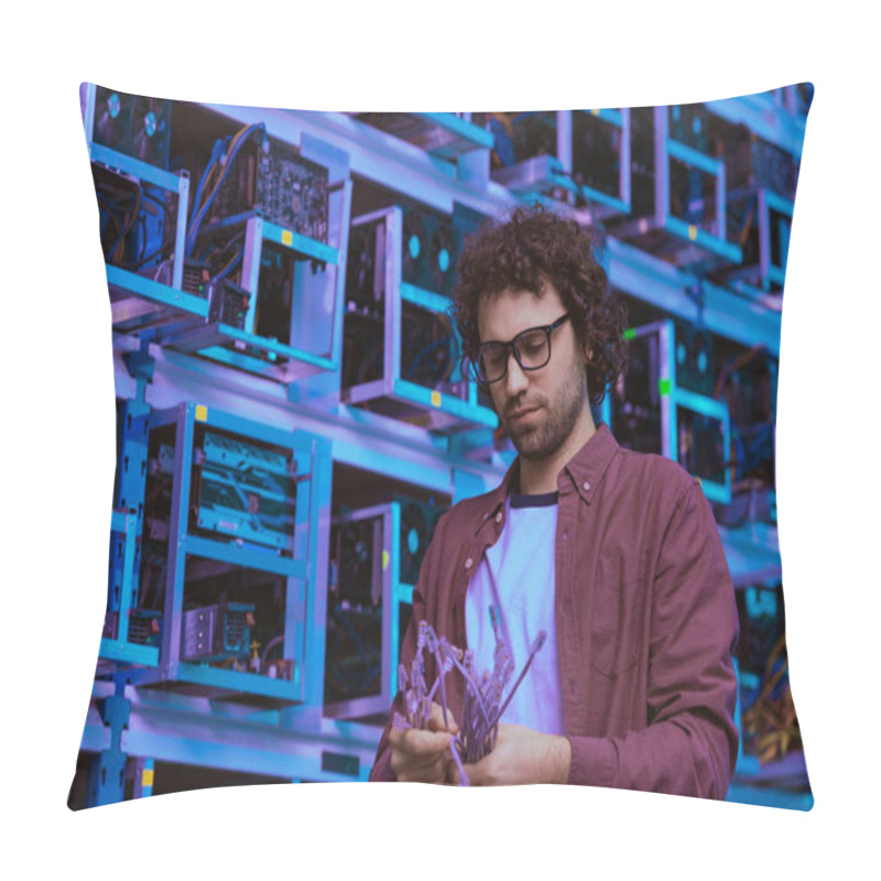 Personality  Young Computer Engineer With Ethernet Wires At Ethereum Mining Farm Pillow Covers