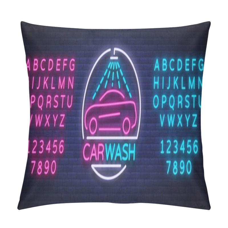 Personality  Car Wash Logo Design Emblem In Neon Style Vector Illustration. Template, Concept, Luminous Sign On The Theme Of Washing Cars. Editing Text Neon Sign. Neon Alphabet Pillow Covers