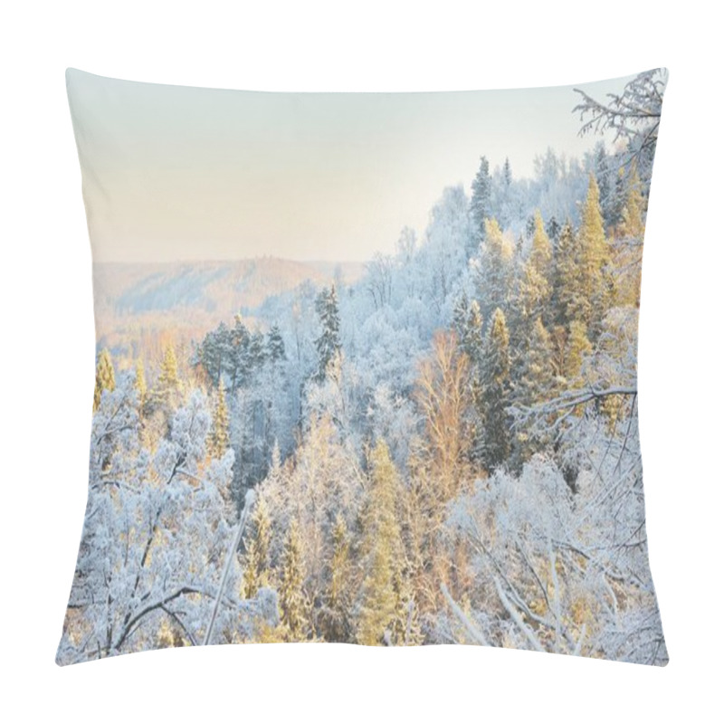 Personality  Breathtaking Aerial View Of River And Snow-covered Forest After A Blizzard In A Morning Haze. Fir Trees Close-up. Clear Sky. Winter Wonderland. Gauja National Park, Sigulda, Latvia. Nature, Seasons Pillow Covers