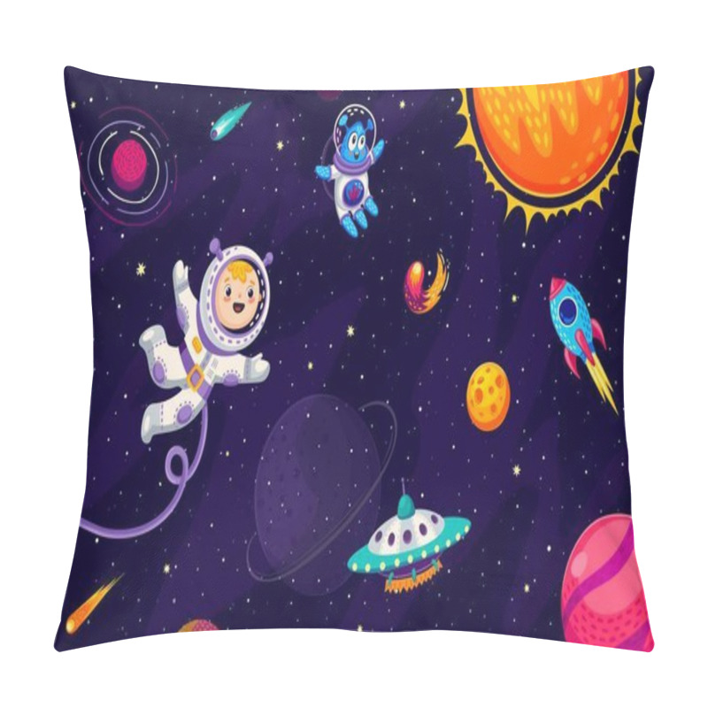 Personality  Cartoon Kid Astronaut, Alien, Ufo And Rocket At Galaxy Space. Vector Little Boy Cosmonaut Character Exploring The Vast Expanse Of The Universe, Floats Among Planets And Encounters Shuttle Or Starship Pillow Covers