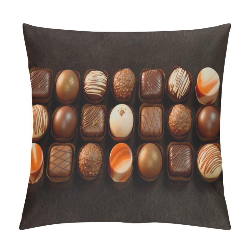 Personality  Experience The Decadent Variety Of Handcrafted Gourmet Chocolates, Each A Masterpiece With Unique Toppings And Fillings, Displayed On A Sophisticated Dark Background. Pillow Covers