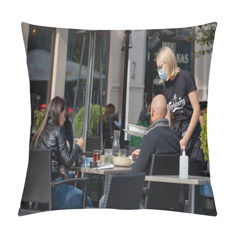 Personality  Blonde Hair Nice Waitress With A Mask Serving At The Table At An Outdoor Bar, Caf Or Restaurant During Covid Or Coronavirus Second Wave  Pillow Covers