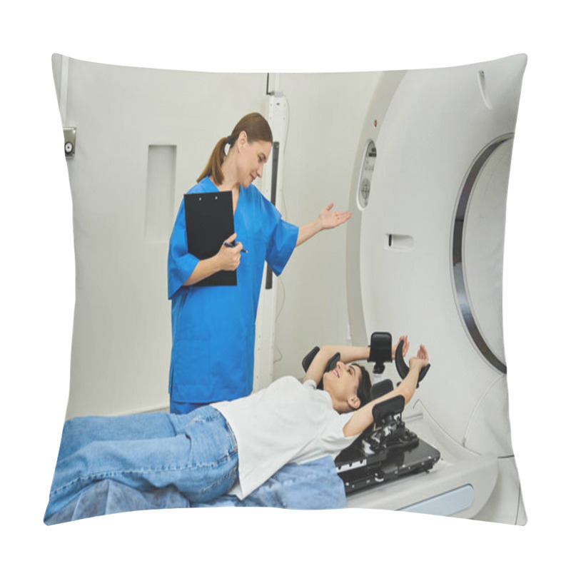 Personality  Doctor Discusses MRI Scanning Process With Patient Lying In Machine As Part Of Diagnostics. Pillow Covers