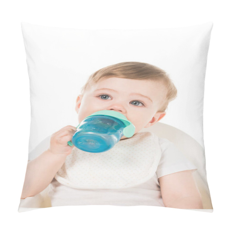 Personality  Little Boy Drinking Water From Baby Cup In Highchair Isolated On White Background  Pillow Covers