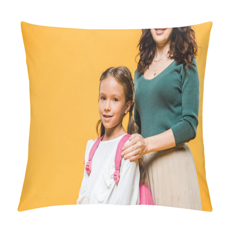 Personality  Cropped View Of Mother Touching Shoulders Of Daughter Isolated On Orange  Pillow Covers