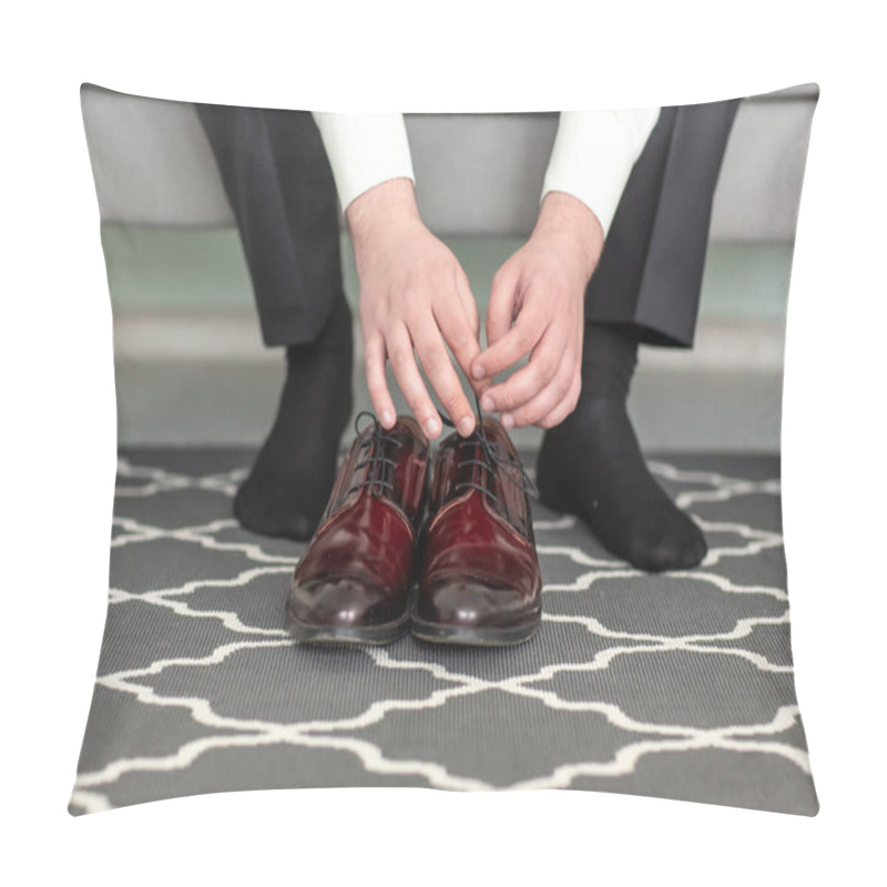 Personality  An Elegant Man Puts On Black, Leather, Formal Shoes. Tying Shoes. The Morning Of The Groom Pillow Covers