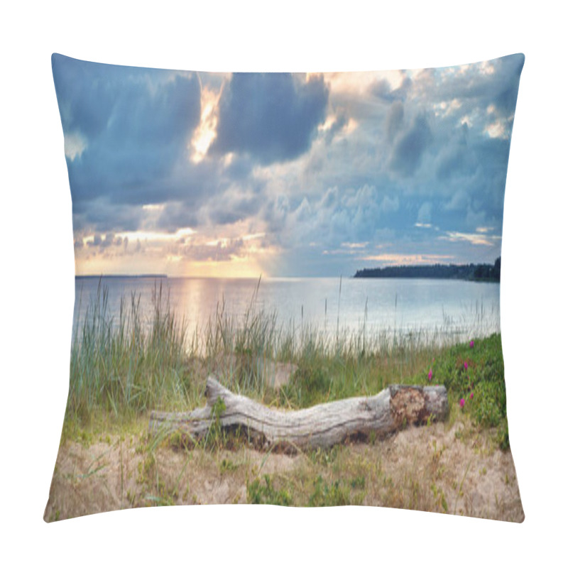 Personality  Sea In Sunset Light. Lahemaa Natural Park Coastal Landscape With Beautiful Sky. Log On The Beach In The Evening Pillow Covers