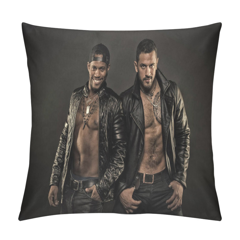 Personality  Two Models With Tattooed Chests. Bikers In Leather Jackets. Rock Band Isolated On Black Background. African And Caucasian Men With Sexy Bodies. Brutal Men Wearing Stylish Accessories, Fashion Concept Pillow Covers