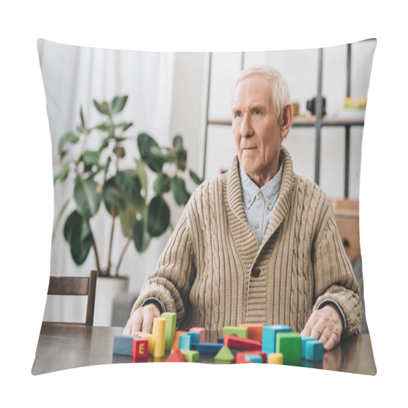 Personality  Senior Man Sitting Near Wooden Toys At Home Pillow Covers