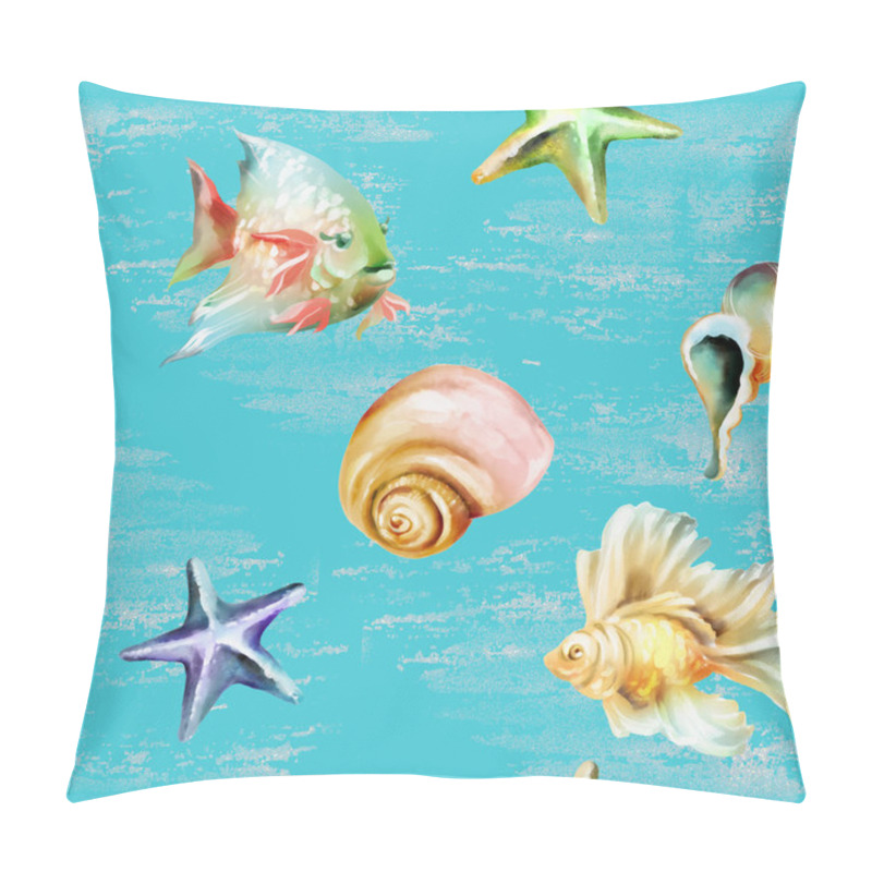 Personality  Beautiful Underwater Sea Seamless Pattern With Glitter Fishes, Seashells And Starfishes On Blue Background Pillow Covers