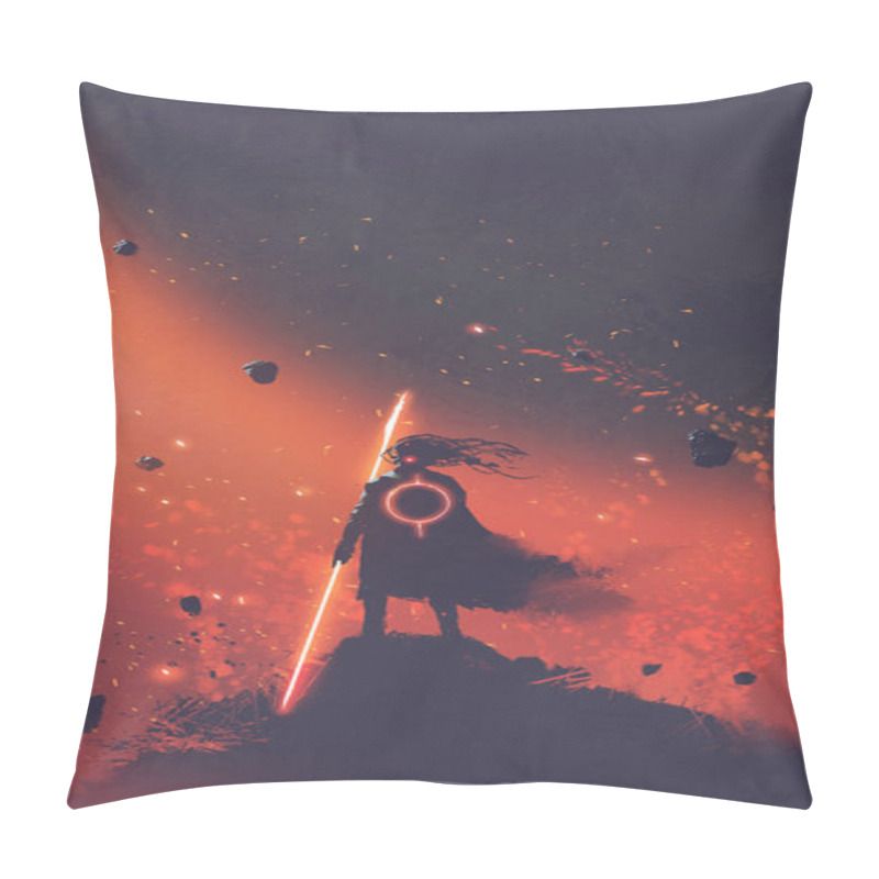 Personality  Sci-fi Character Of The Man In A Black Cape Holding The Light Sword Standing Against Red Space Background, Digital Art Style, Illustration Painting Pillow Covers