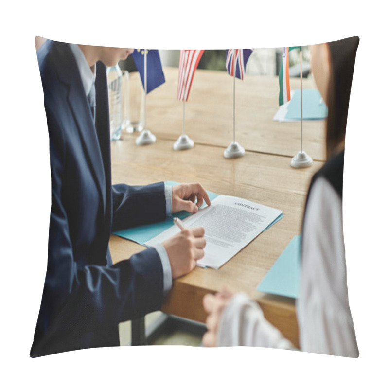 Personality  Two Teenagers Participate In A UN Model Conference, Signing A Contract. Pillow Covers