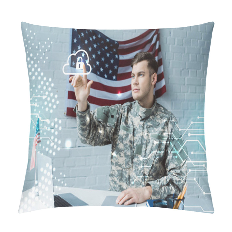 Personality  Handsome Man In Military Uniform Pointing With Finger At Cloud With Padlock Pillow Covers