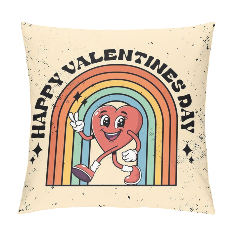 Personality  Vintage Retro Cartoon Wind-up Walking Smiling Heart Mascot With Rainbow. Trendy Retro Romantic Mascot. Funny 70's Comic Style. Retro Vintage Valentine's Day Banner. Happy Valentine's Day. Pillow Covers