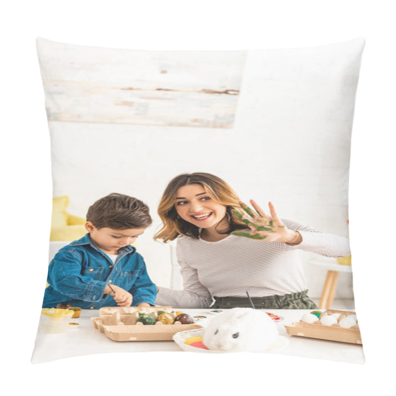 Personality  Cheerful Woman Waving Painted Hand While Painting Easter Eggs Together With Son Pillow Covers