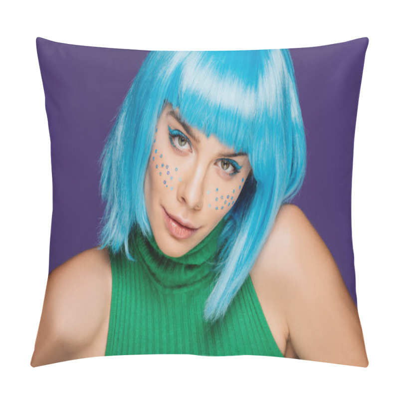 Personality  Beautiful Young Woman With Blue Wig And Stars On Face, Isolated On Purple Pillow Covers