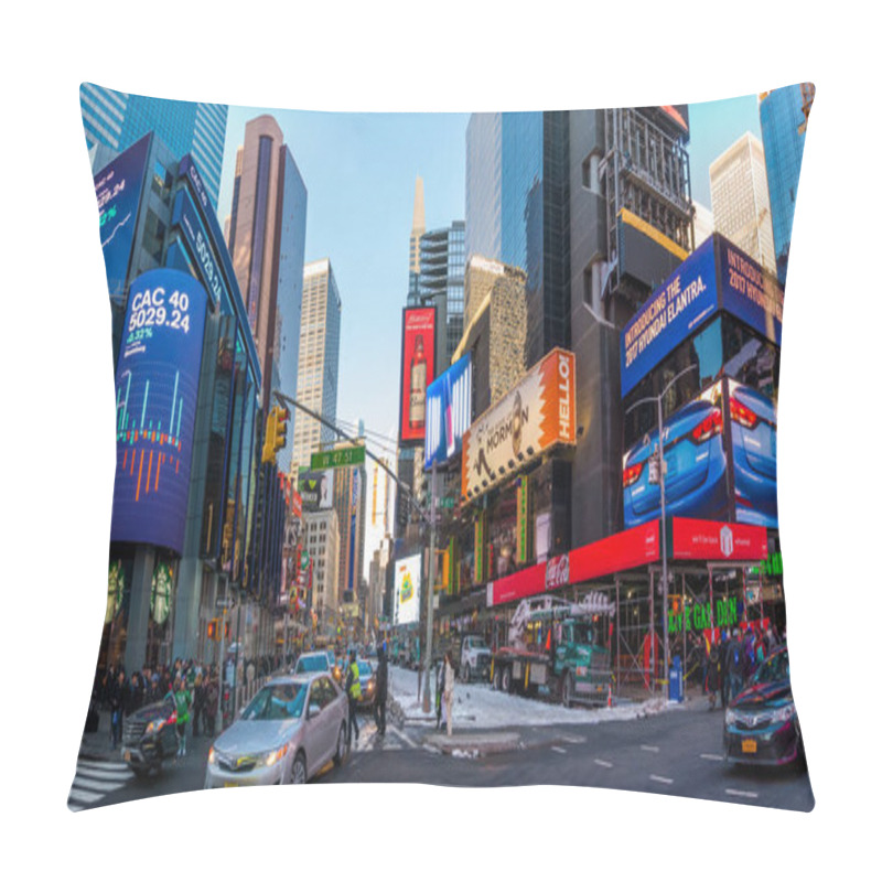 Personality  New York City, USA- March 17, 2017: Times Square, Featured With Broadway Theaters And Animated Colorful LED Signs, Stores, And Lots Of Tourists And Locals, Is A Symbol Of NYC And The USA In Manhattan. Pillow Covers