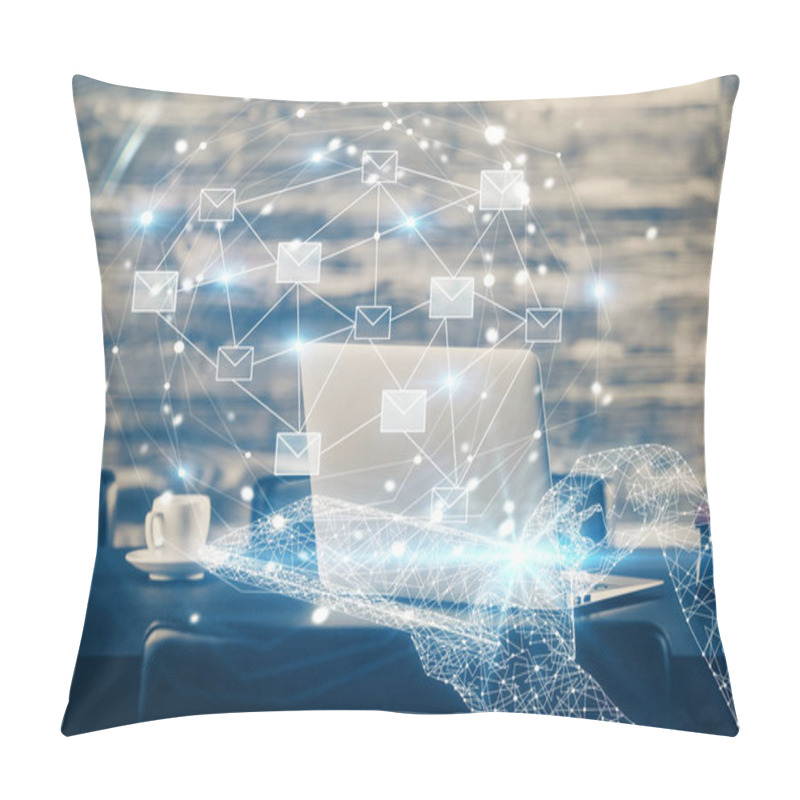 Personality  Desktop Computer Background In Office And Flying Envelops Hologram Drawing. Double Exposure. Electronic Mail Concept. Pillow Covers