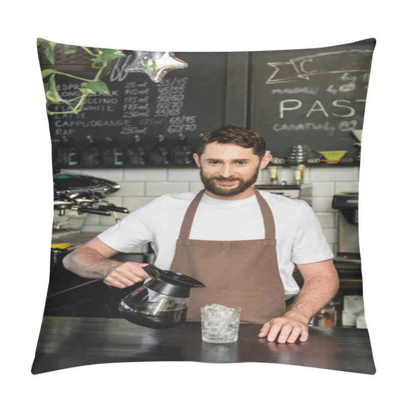 Personality  Smiling Barista In Apron Looking At Camera And Holding Coffee Pot Near Glass With Ice Cubes In Cafe Pillow Covers