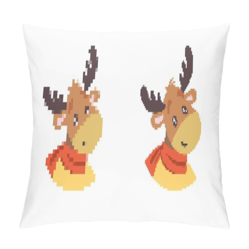 Personality  Two Pixel Art Reindeer With Antlers And Red Scarf. One With Simple Features, The Other Detailed. Pillow Covers