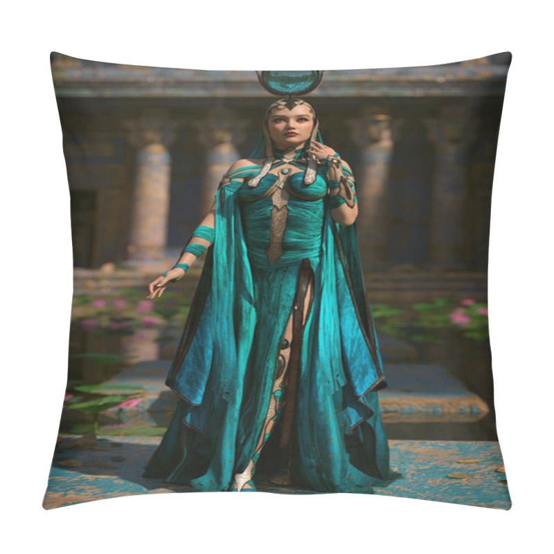 Personality  3d Computer Graphics Ofthe Egyptian Goddess Isis At A Temple With A Water Lily Pond Pillow Covers