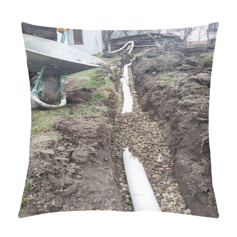 Personality  In The Yard, Workers Carry Out Drainage Works For Draining Water. Pillow Covers