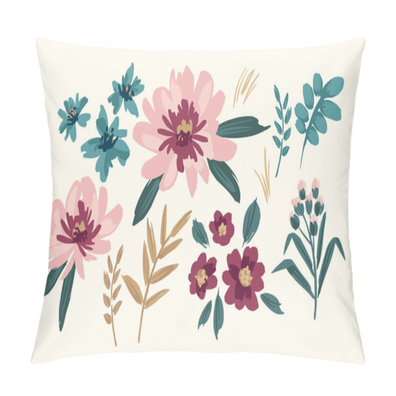 Personality  Set Of Floral Design Elements. Leaves, Flowers, Grass, Branches Vector Illustration Pillow Covers