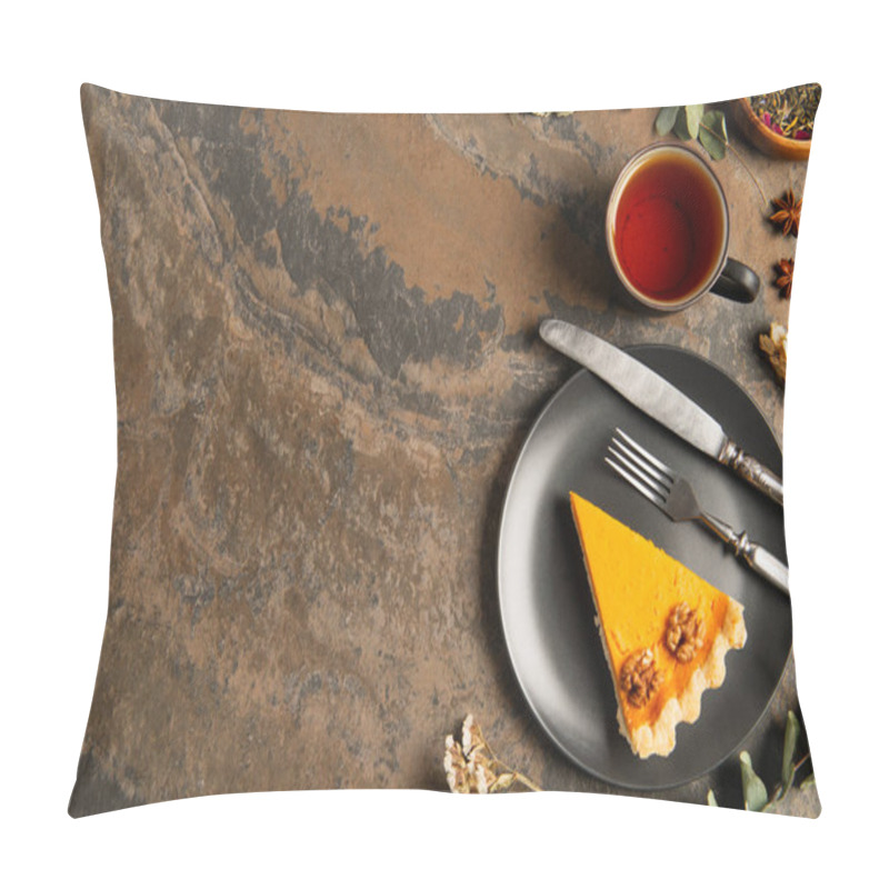 Personality  Thanksgiving Concept, Pumpkin Pie And Cutlery Near Warm Tea And Aromatic Herbs On Stone Surface Pillow Covers