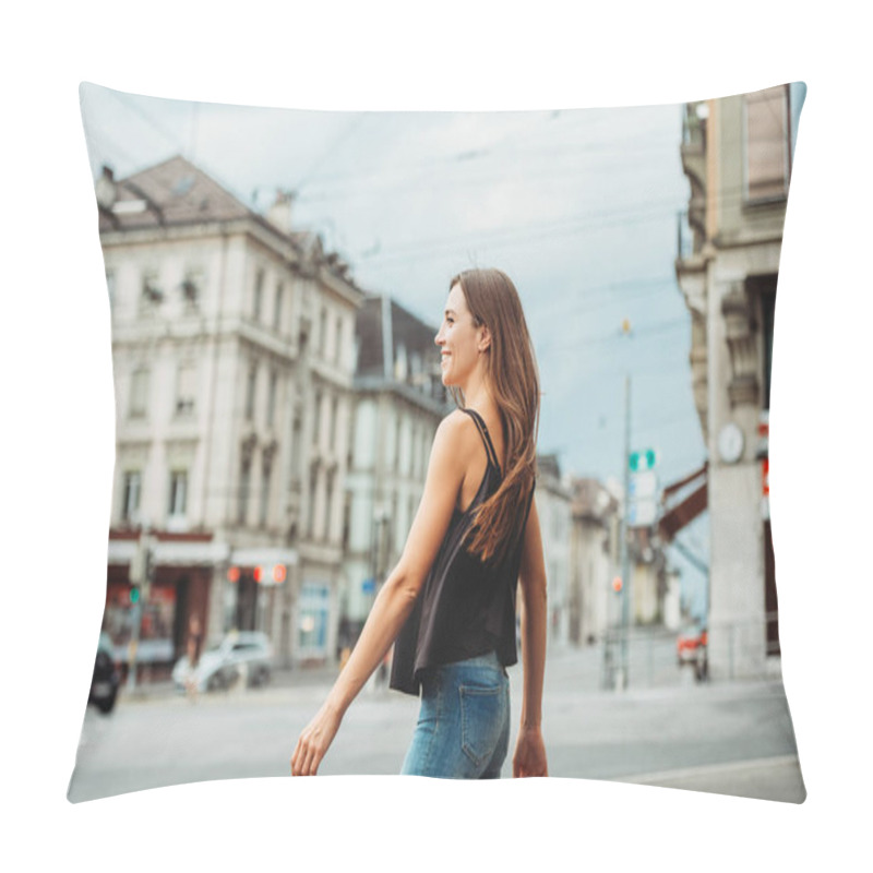 Personality  Outdoor Portrait Of Beautiful Young Woman Walking Down The Road In The City, Wearing Black Cami Top And Denim Jeans. Image Taken In Lausanne Downtown, Switzerland Pillow Covers