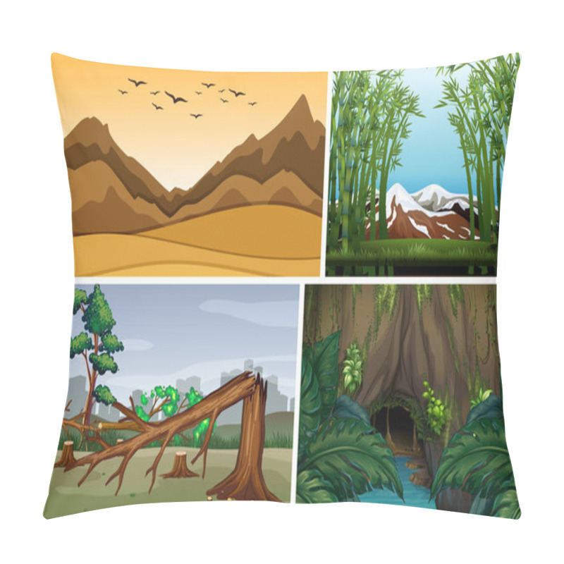 Personality  Four Different Nature Scene Of Forest Cartoon Style Illustration Pillow Covers