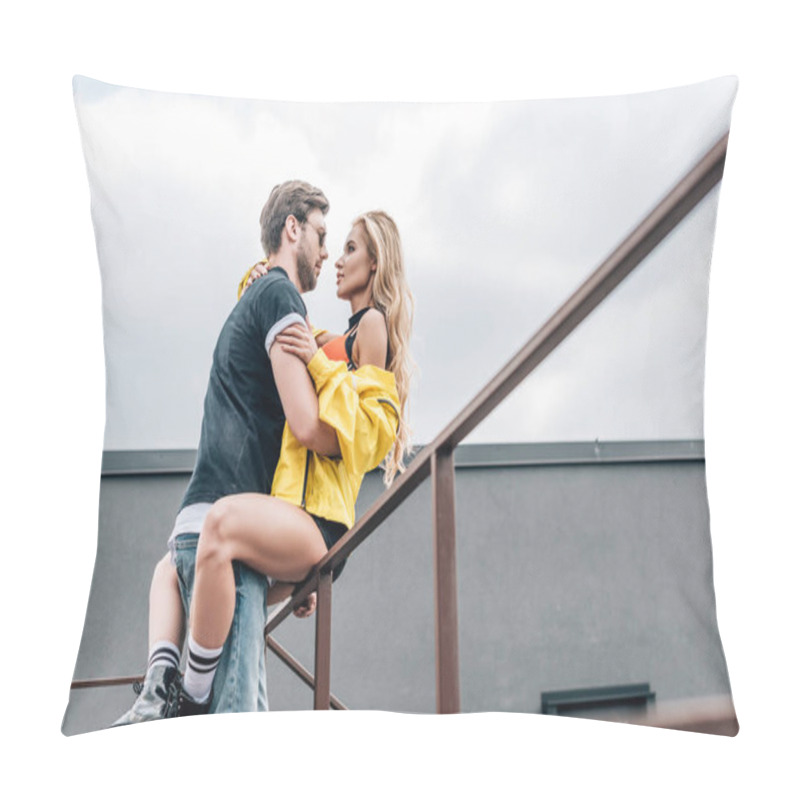 Personality  Blonde Woman And Handsome Man Hugging And Looking At Each Other  Pillow Covers