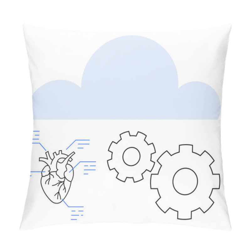 Personality  Heart Diagram With Data Points Next To Two Cogs Below A Cloud. Ideal For Healthcare, Technology, Innovation, Data Analysis, Cloud Computing, Medical Science, Engineering. Line Metaphor Pillow Covers