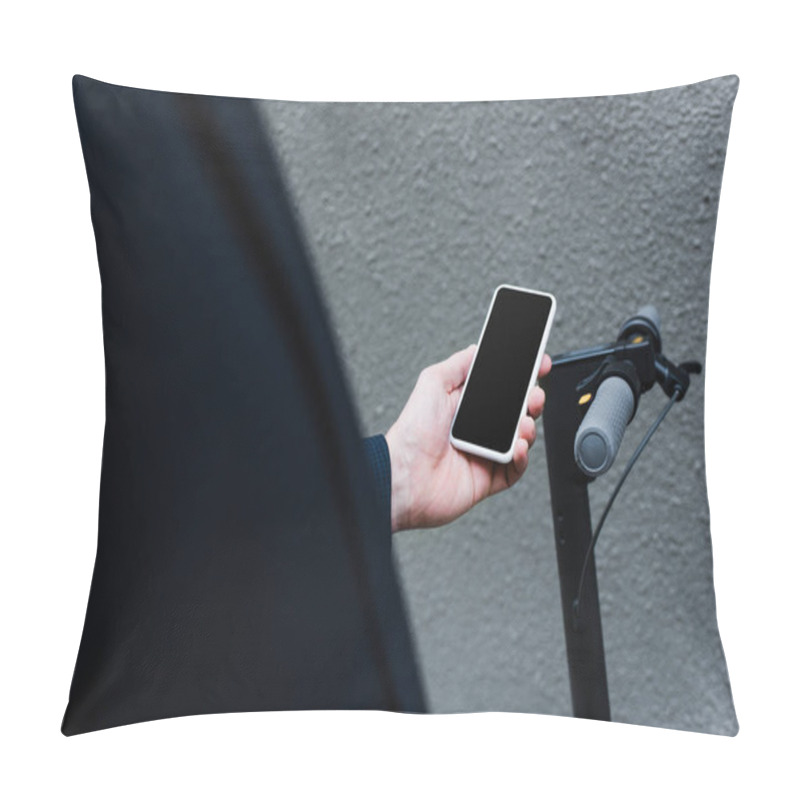 Personality  Partial View Of Mature Man Holding Smartphone With Blank Screen Near E-scooter Pillow Covers