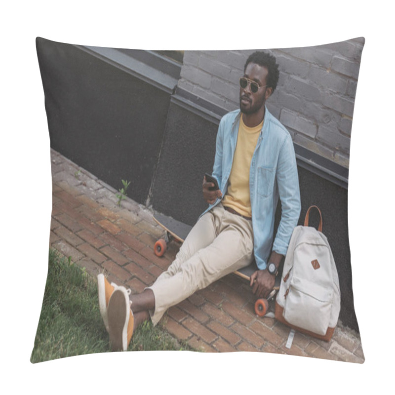 Personality  Handsome, Stylish African American Man Sitting On Longboard And Holding Smartphone Pillow Covers