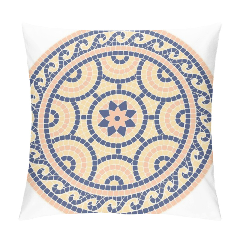 Personality  Mosaic Circular Ornament In Blue, Yellow And Pink Coors In Classic Style. For Ceramics, Tiles, Ornaments, Backgrounds And Other Projects. Pillow Covers