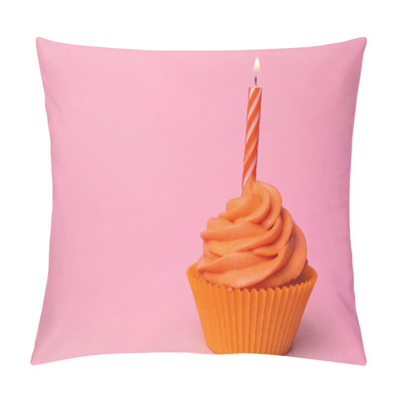 Personality  Delicious Birthday Cupcake With Orange Cream And Burning Candle  Pillow Covers